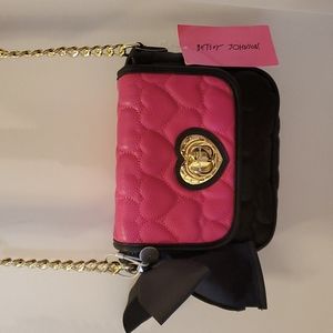 Betsey Johnson Black & pink Quilted Heart Purse with Black Fabric Bow